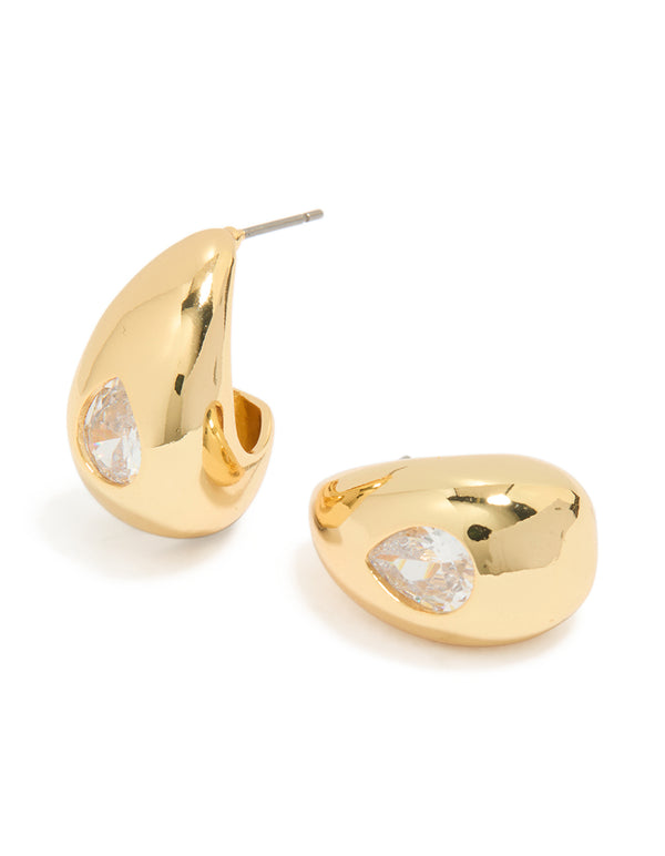 Showcasing gold plated cubic zirconia teardrop hoop earrings front view