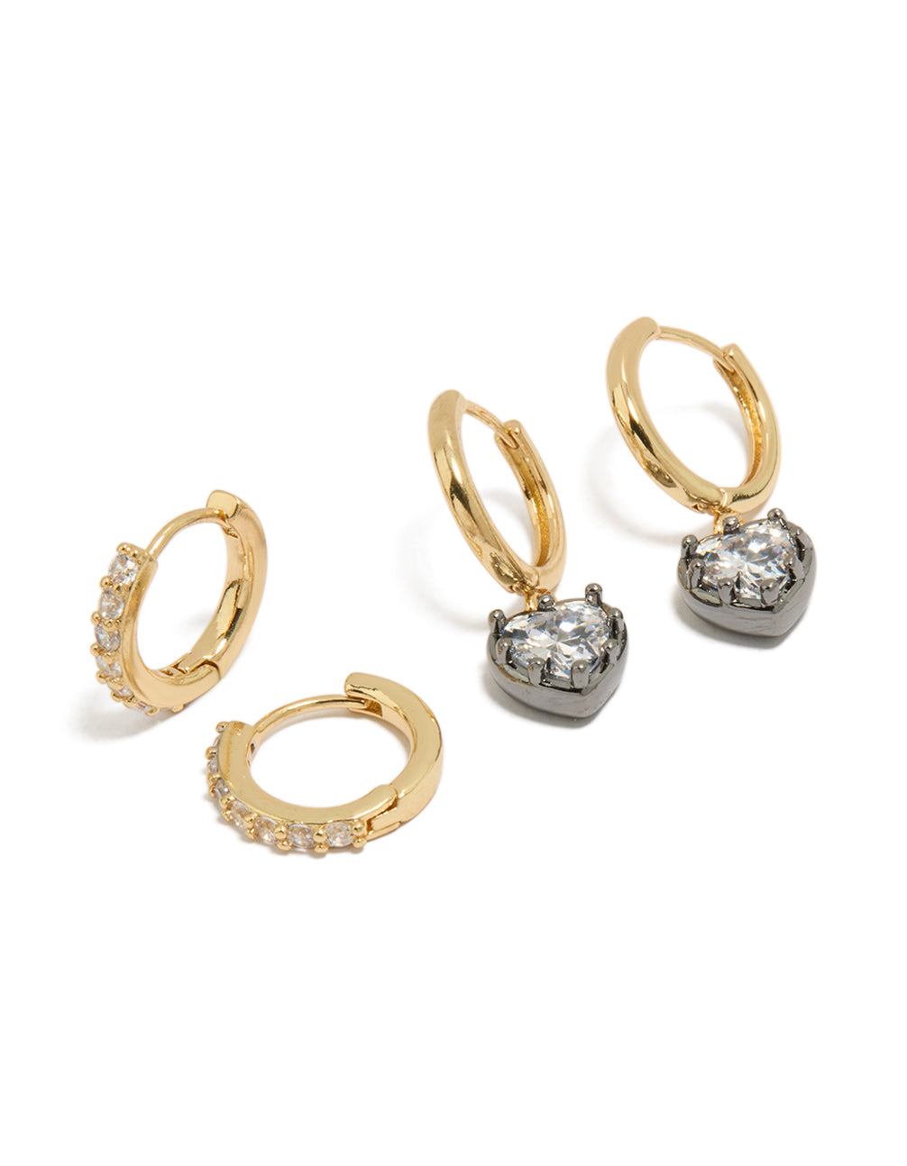 Introducing mixed metal plated heart and cubic zirconia huggie earrings in a 2-pack, gold and silver tones, and huggie closure front view