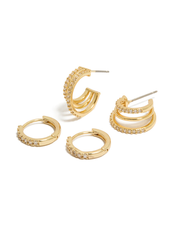 Gold Plated Cubic Zirconia Huggies & Illusion Hoop Earrings 2-Pack
