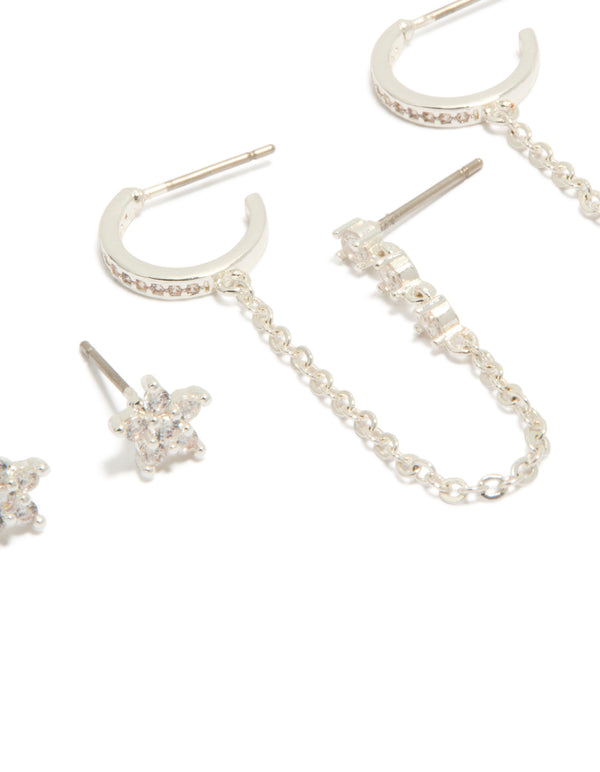 Discover this mini earrings pack in silver plated cubic zirconia floral accents, huggie and stud closures, dainty style close up view