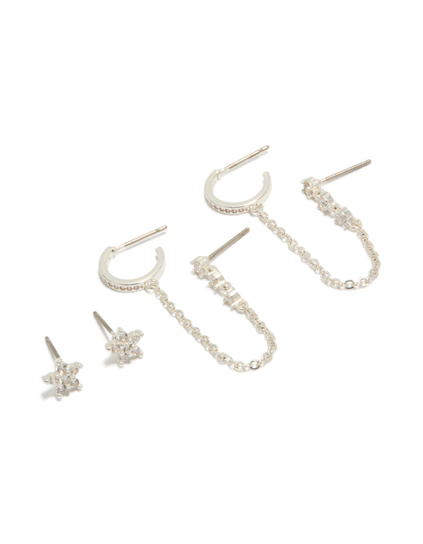 Silver Plated Cubic Zirconia Floral & Chain Mini Earrings Pack
