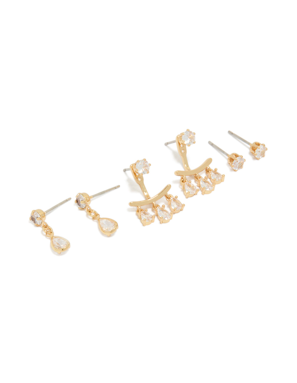 Showcasing dainty stud earrings in a 3-pack featuring pear cut cubic zirconia with gold plated ear jacket closures front view