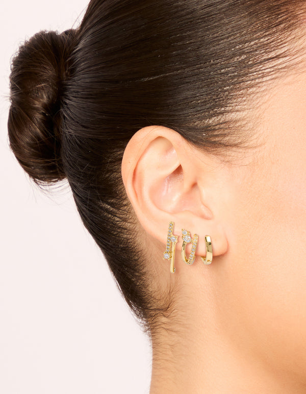 Gold Plated Cubic Zirconia Studs & Double Cuff Huggie Earrings 3-Pack