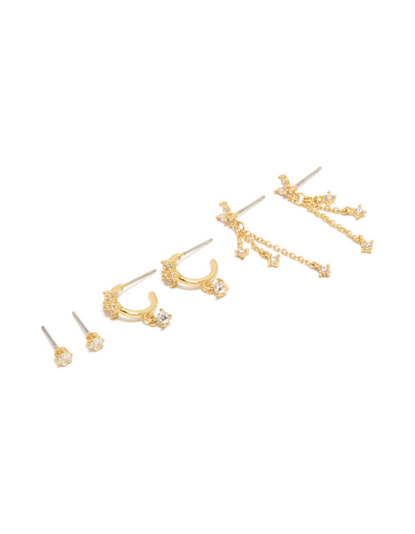 Showcasing gold plated butterfly charm chain and stud earrings 3-pack featuring cubic zirconia with huggie closure front view