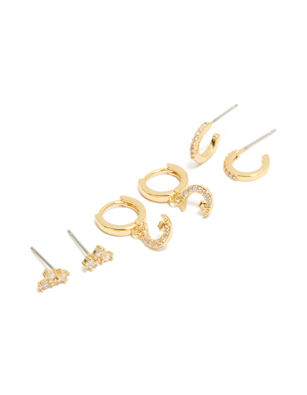 Showcasing celestial charm gold plated cubic zirconia and crescent moon hoop earrings 3-pack with crystal huggie closure in clear stone front view
