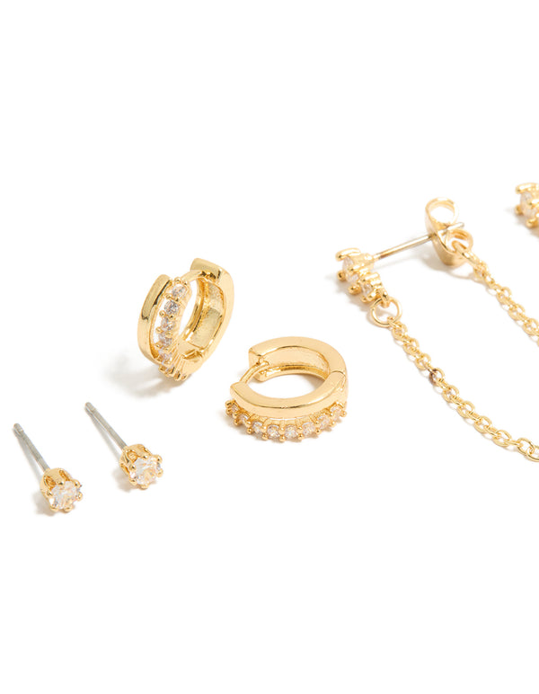 Crafted from gold plated material in a 3-pack huggie and stud closure set close up view