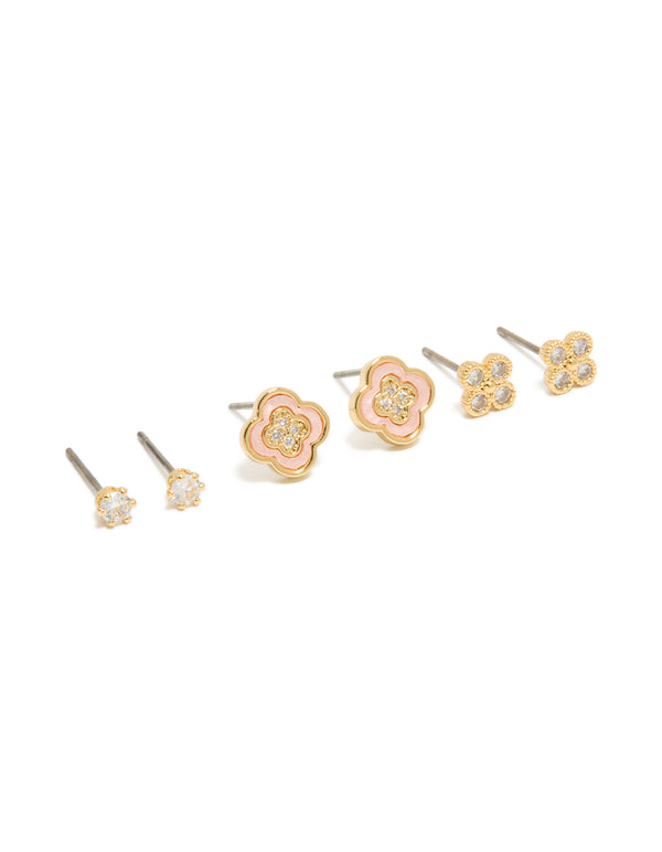 Gold Plated Cubic Zirconia Flower Stud Earrings 3-Pack