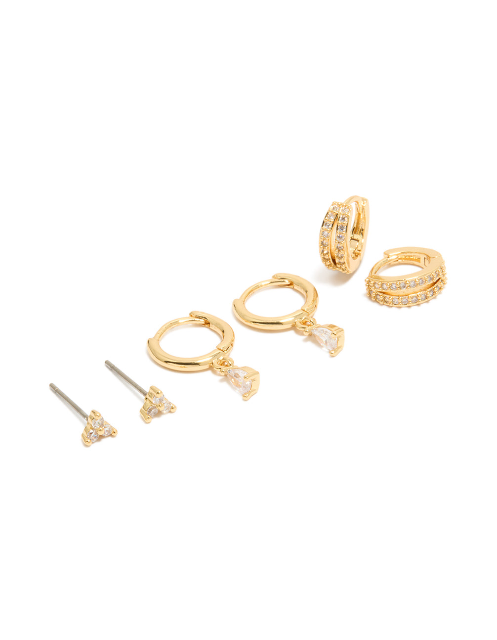 Introducing dainty earrings with huggie closure crafted from cubic zirconia in gold plated crystal 3-pack front view