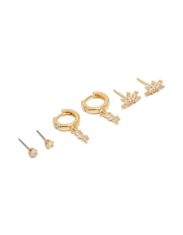 Showcasing gold plated cubic zirconia studs and marquise fan earrings in a 3-pack with huggie closure front view