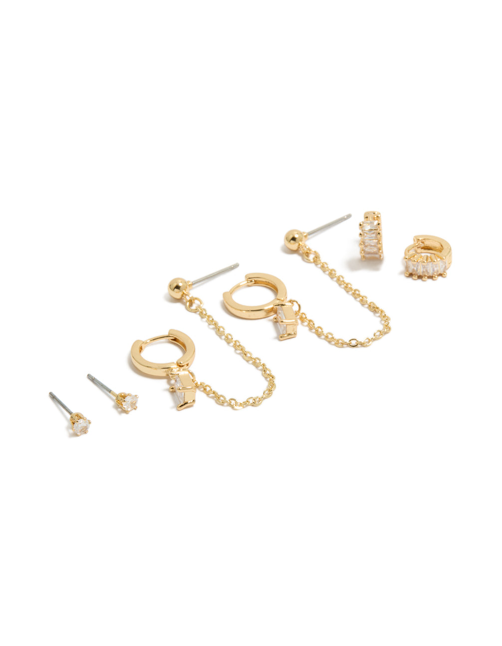 Discover gold plated baguette chain and huggie earrings 4-pack with crystal cubic zirconia stud closure front view