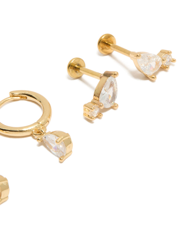 Featuring gold plated cubic zirconia teardrop flat back studs and huggie earrings pack with titanium in clear close up view