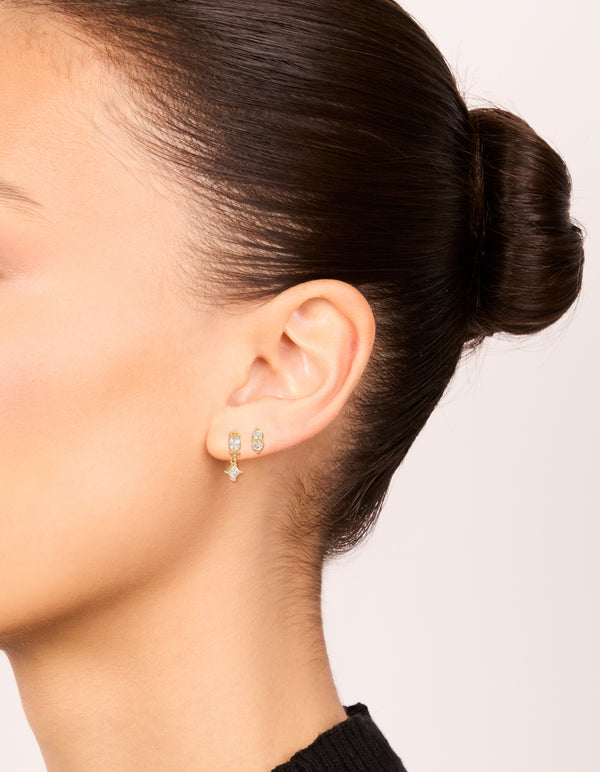Elegant gold plated cubic zirconia marquise drop flat back studs worn on ear view