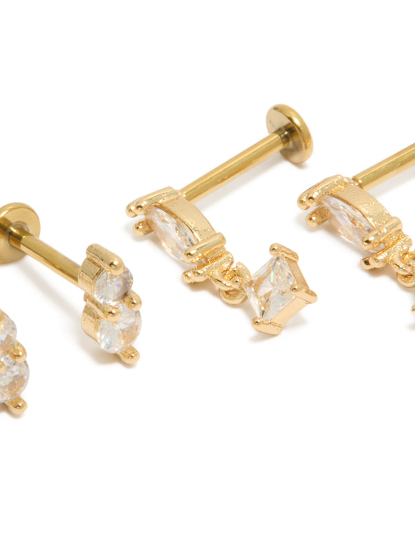Detailed look at dainty cubic zirconia marquise drop earrings with gold plated titanium and flat back stud closure close up view