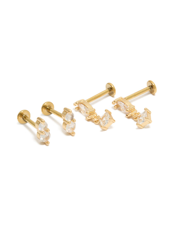 Showcasing dainty marquise cut cubic zirconia drop studs crafted from gold plated titanium with flat back closure front view