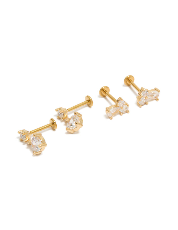 Showcasing gold plated cubic zirconia cluster flat back studs pack with oval stone cut and crystal features in titanium front view