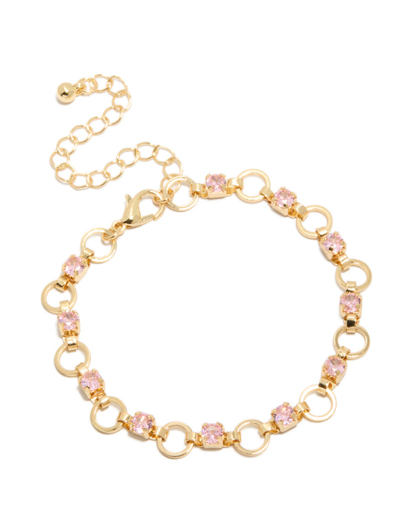 Showcasing a gold plated alternating pink cubic zirconia round link bracelet with chunky styling in light pink and gold front view