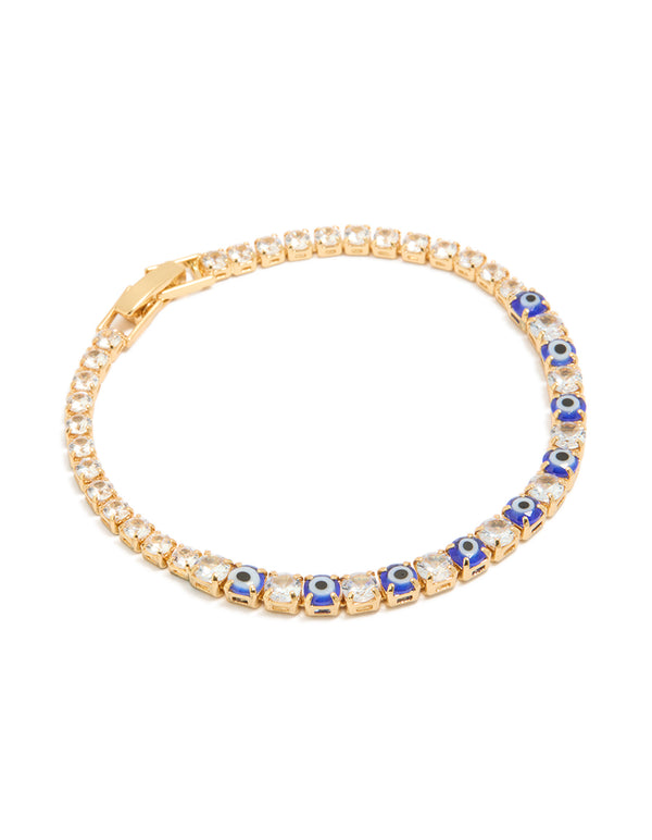 Gold Plated Brass Evil Eye & Cubic Zirconia Tennis Bracelet