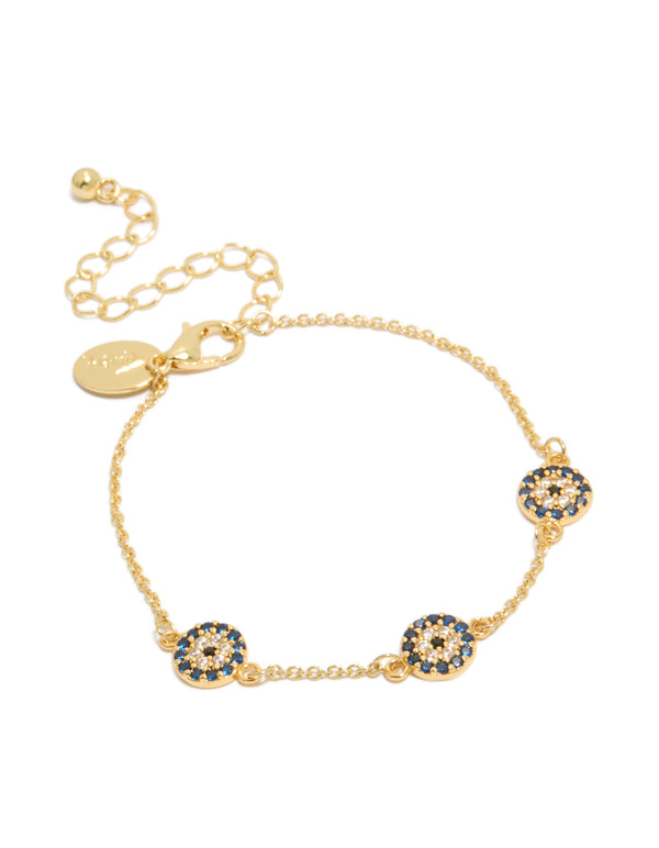 Showcasing a gold plated evil eye station bracelet front view