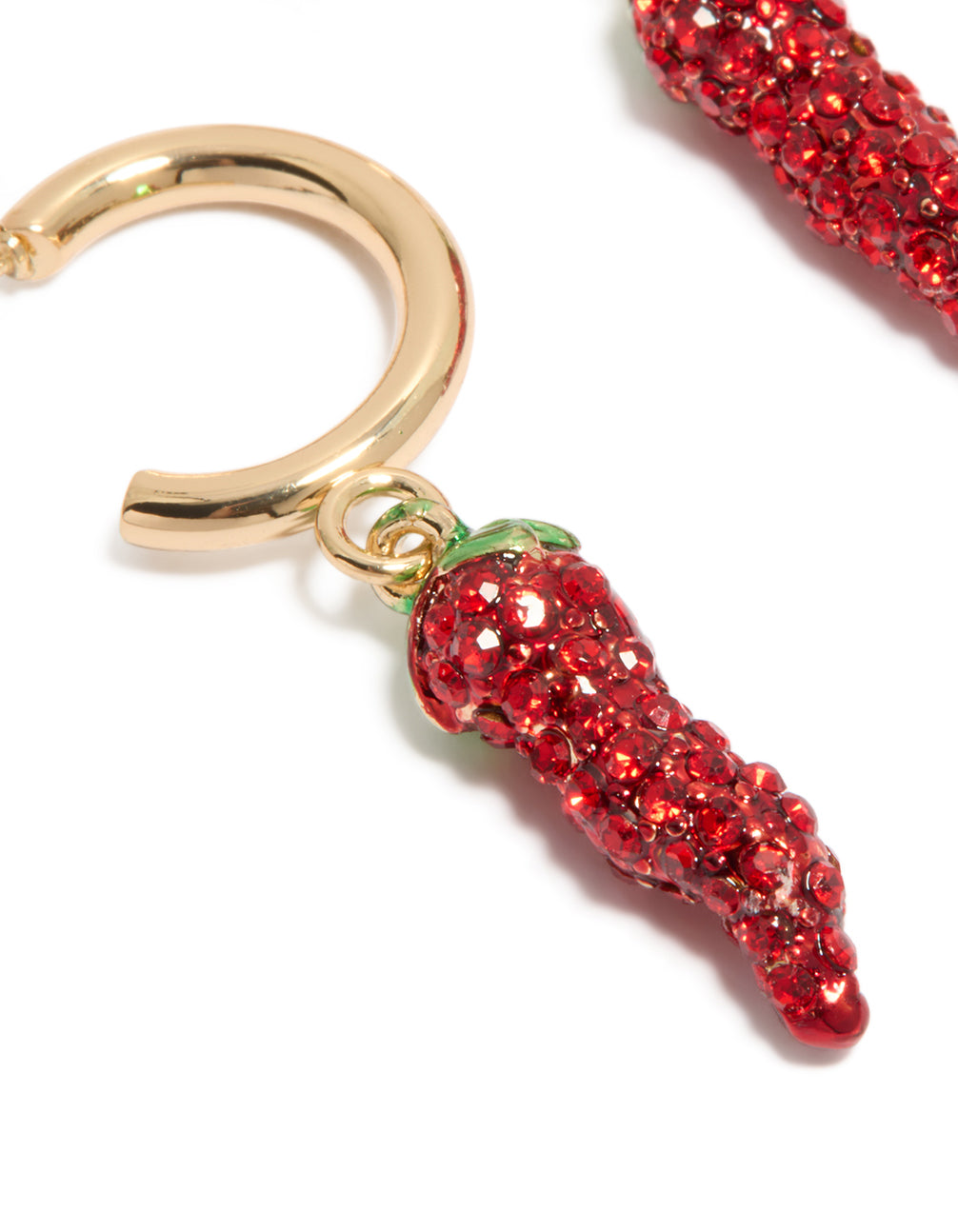Highlighting gold diamante chili hoop earrings with food in red and green close up view