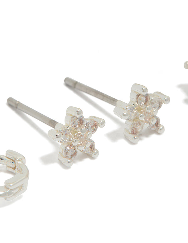Silver Cubic Zirconia Flower Stud & Huggie Earrings 3-Pack