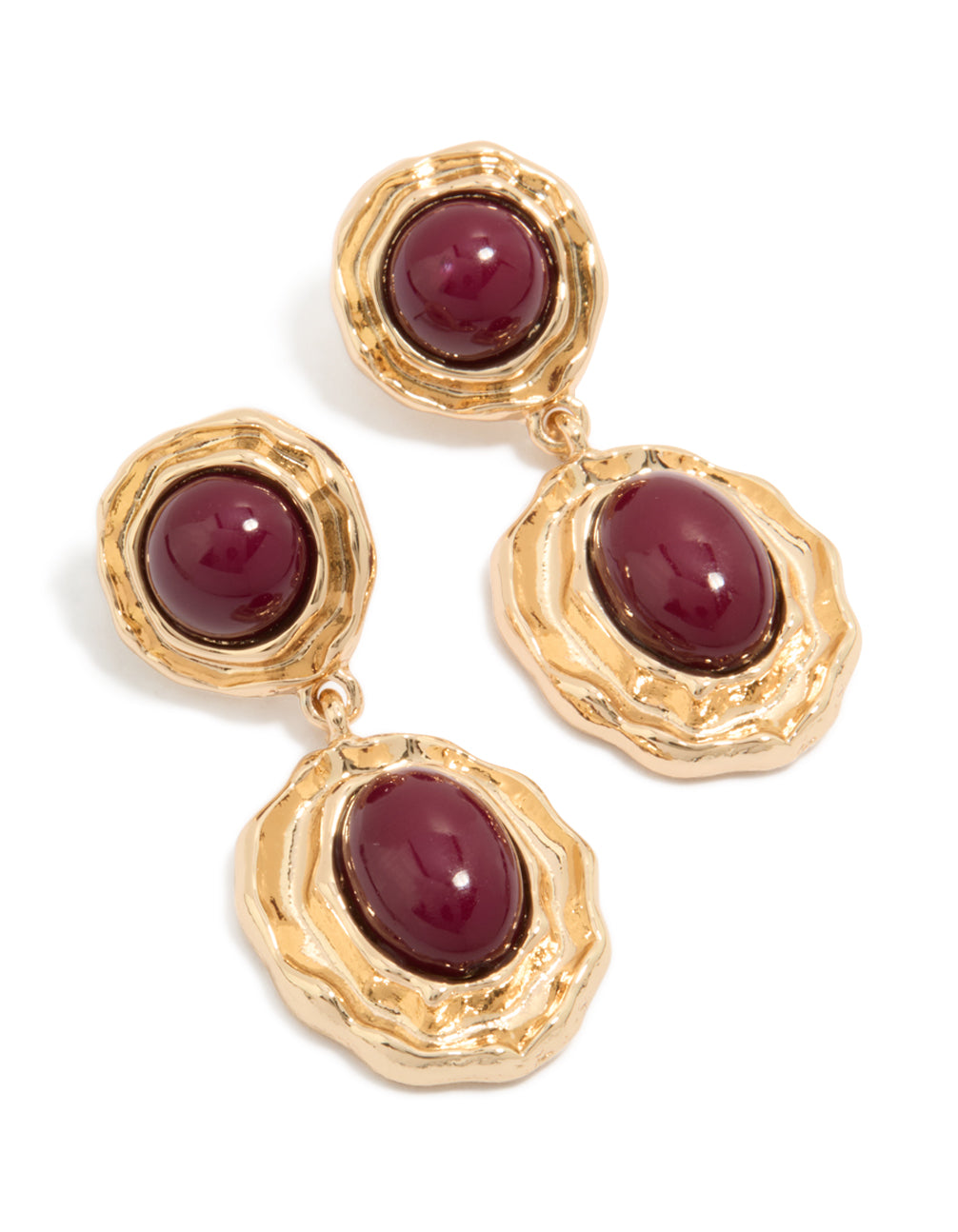 Featuring gold double burgundy resin drop earrings crafted from statement materials in maroon front view