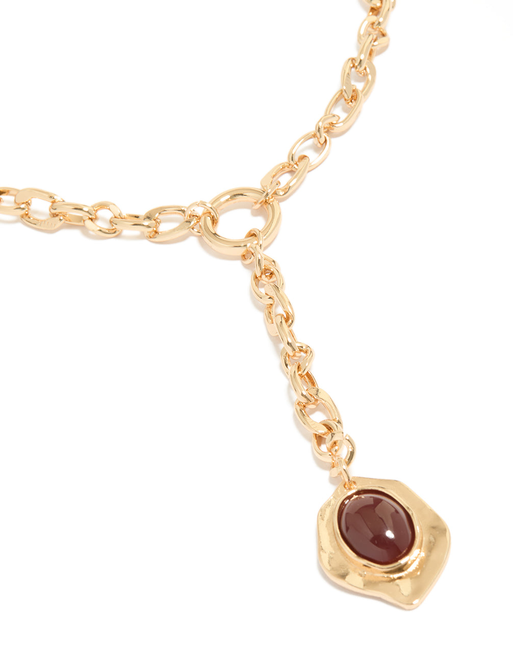 Beautifully crafted gold red resin pendant chain Y-necklace featuring a statement style close up view