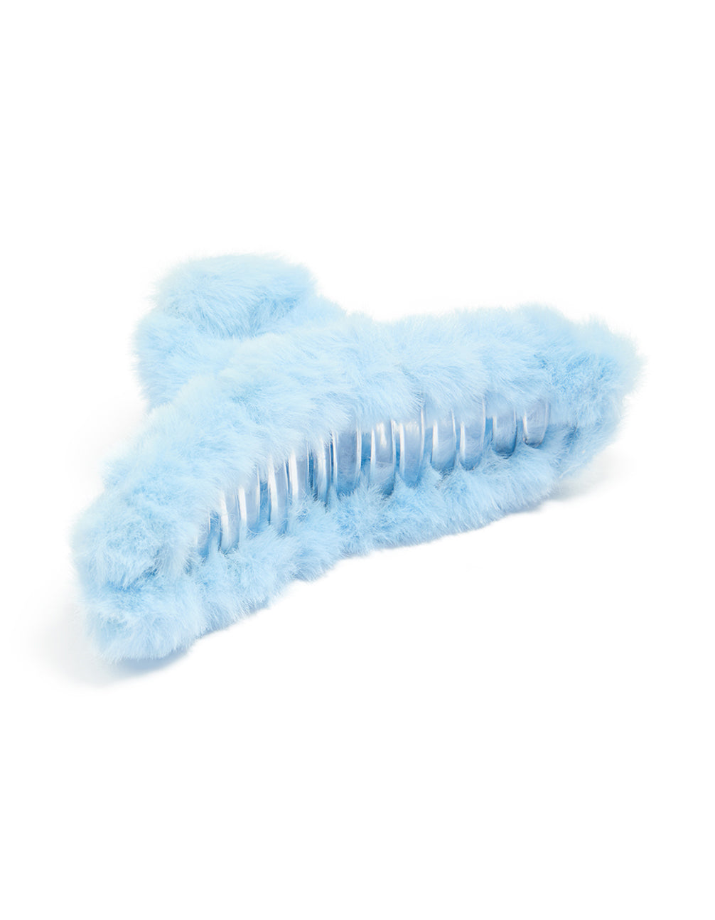 Showcasing a fluffy fabric hair claw clip in solid light blue front view