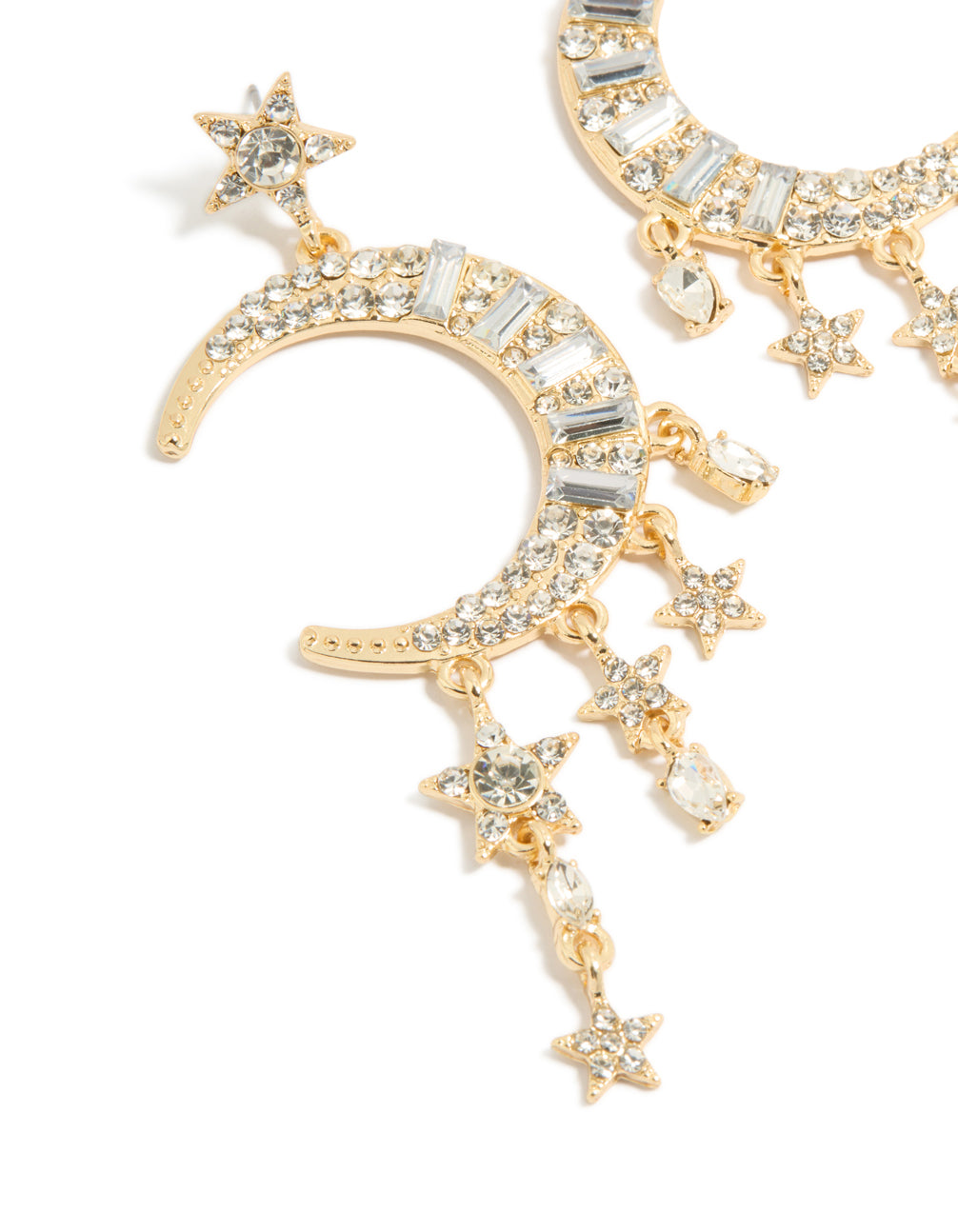 Designer gold diamante celestial drop earrings with charm details in statement style close up view
