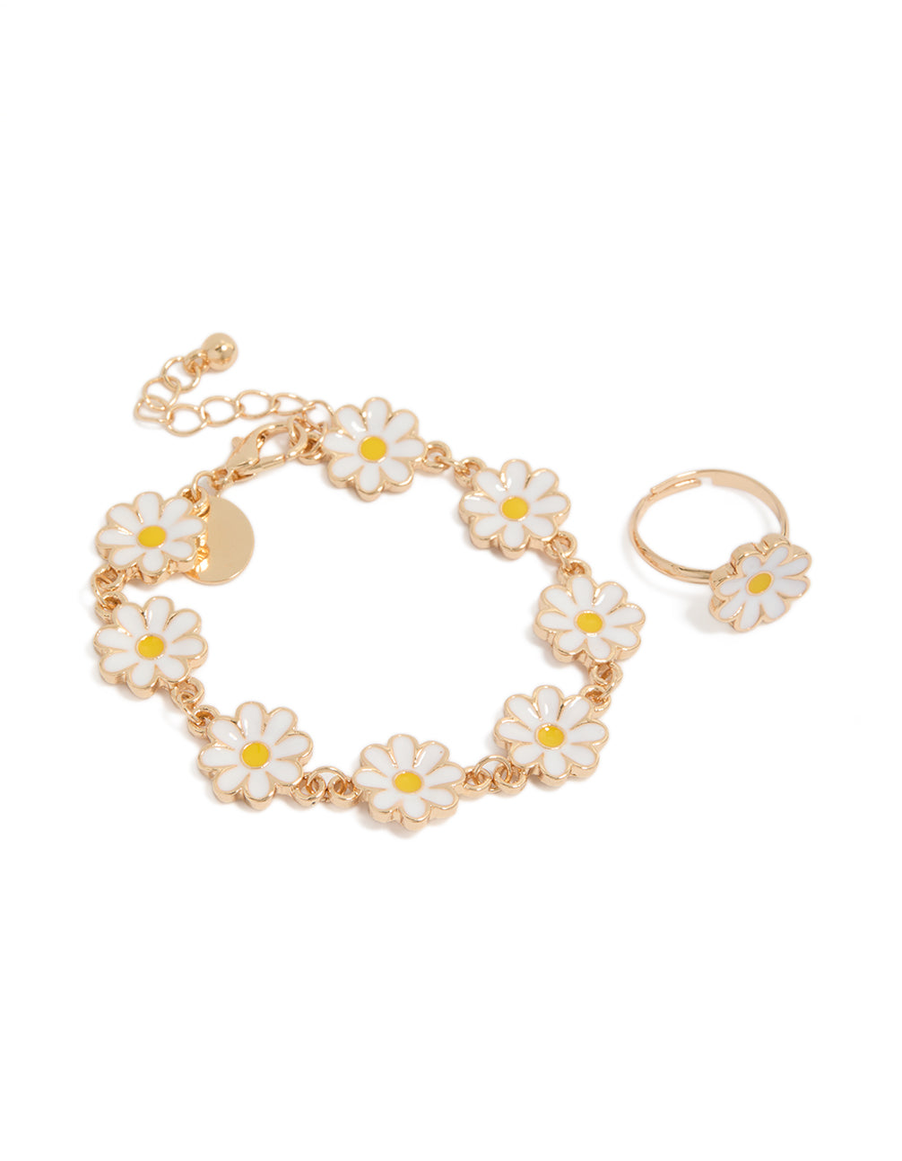 Kids Gold White Enamel Daisy Charms Bracelet & Ring Set