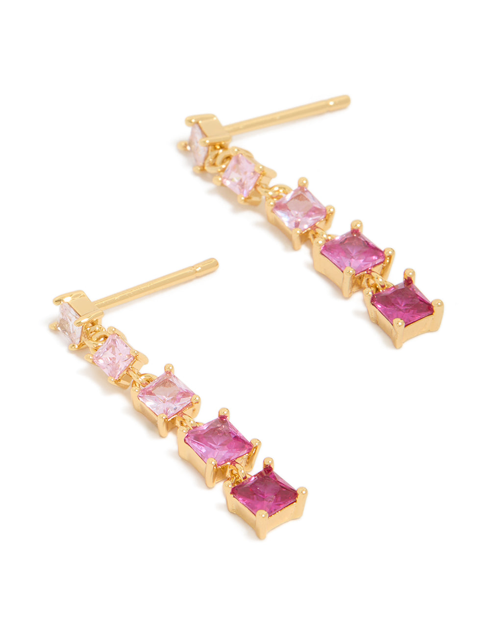 Featuring statement drop earrings crafted from cubic zirconia in gold with hot pink and light pink gradient front view