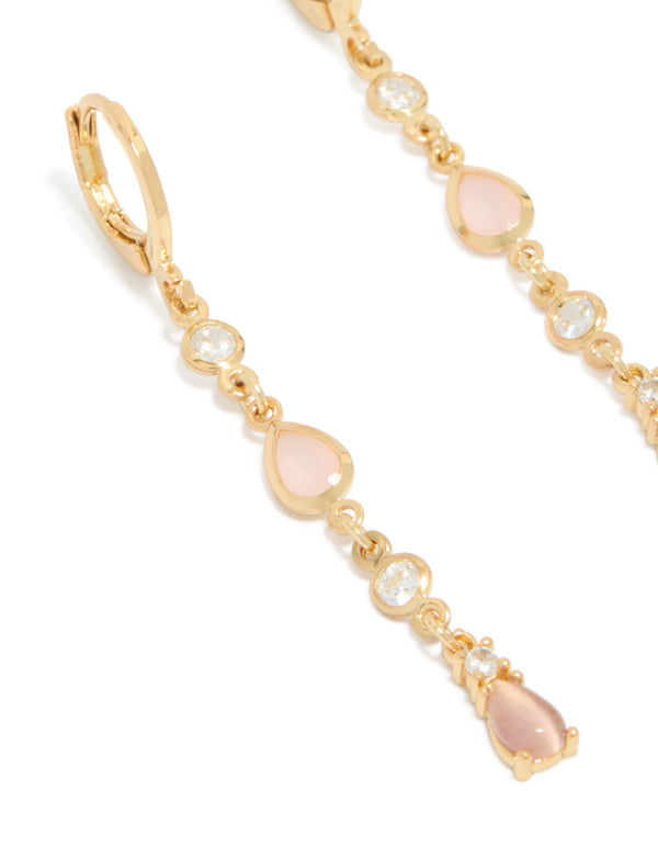 Gold Plated Cubic Zirconia Trio & Pink Catseye Drop Huggie Earrings