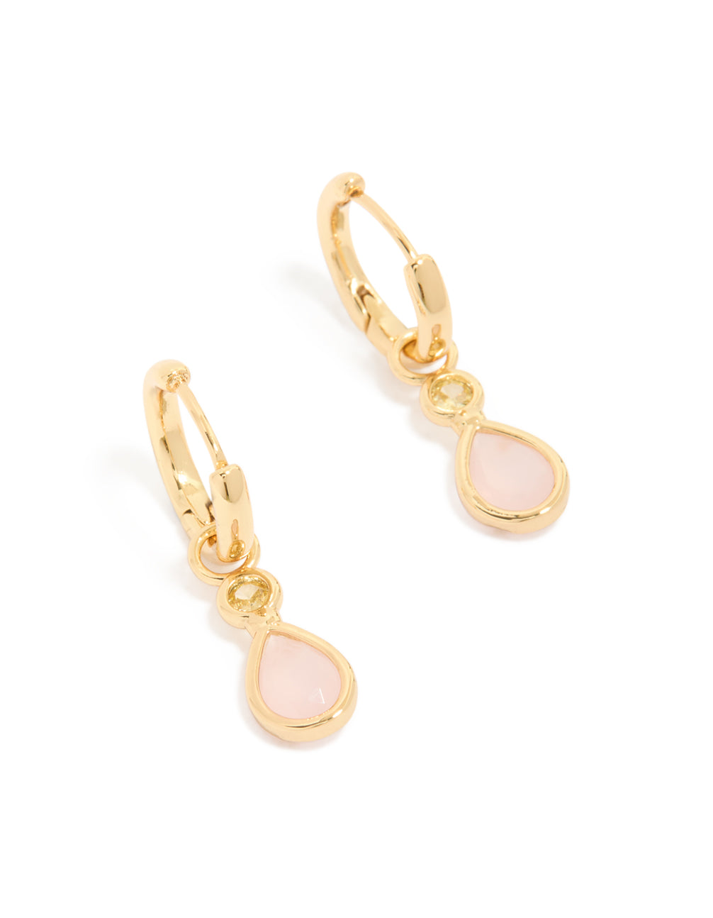 Showcasing gold plated pink cubic zirconia teardrop huggie earrings in dainty style front view