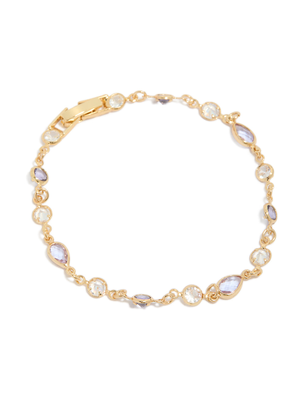 Showcasing a gold plated purple and clear cubic zirconia circle bezel bracelet front view