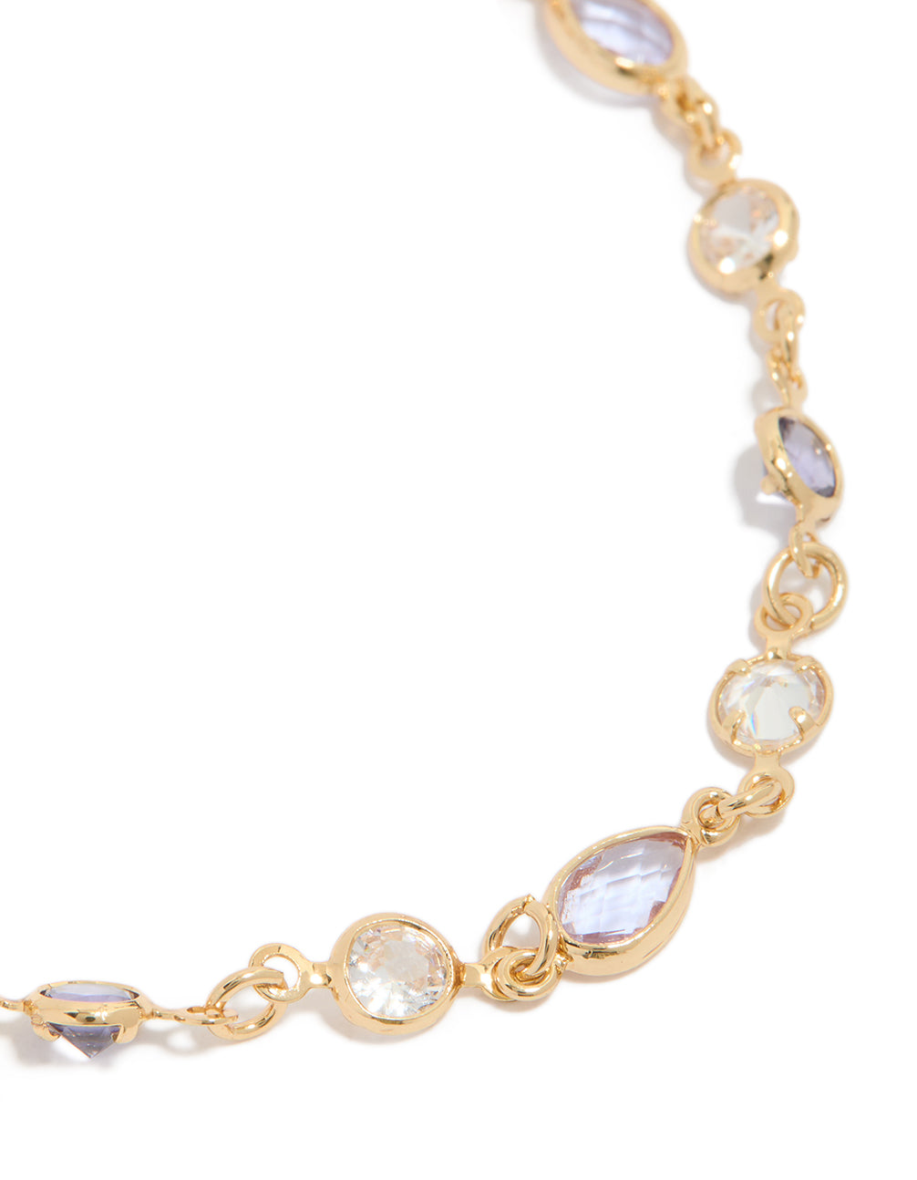 Crafted from gold plated purple and clear cubic zirconia circle bezel bracelet close up view