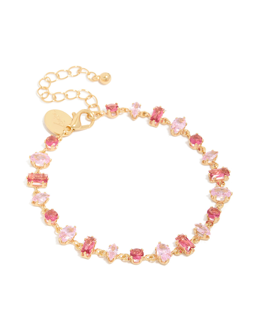 Showcasing a gold large pink multi-cut cubic zirconia bracelet featuring hot pink and light colored gemstones in various shapes front view