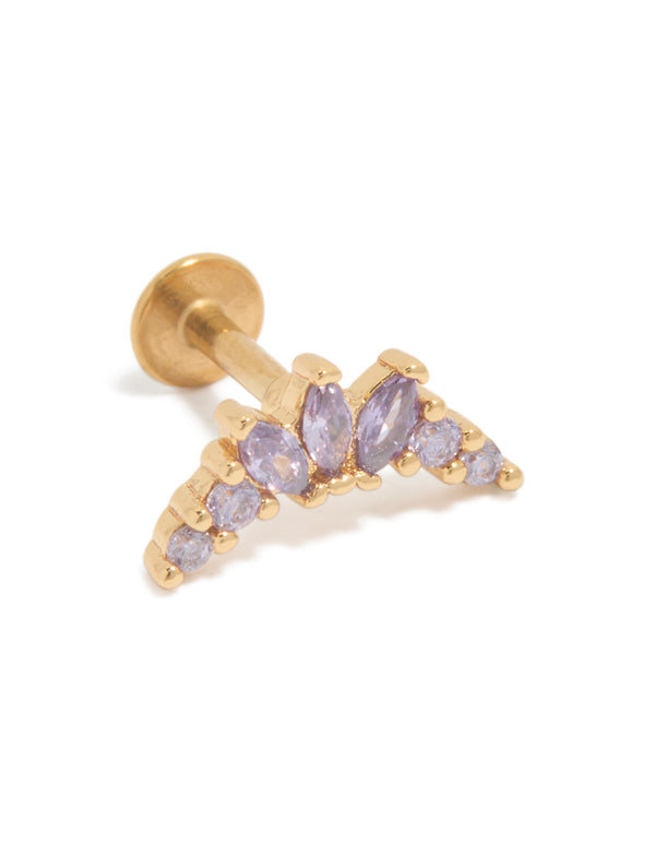 Showcasing a dainty stud earring crafted from gold plated surgical steel with marquise cut purple cubic zirconia and flat back closure front view