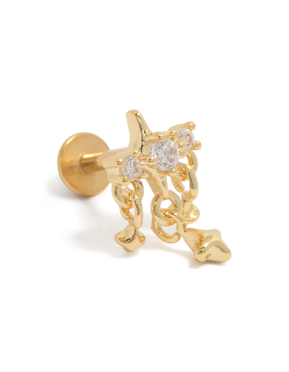 Showcasing a celestial charm star flat back stud crafted from gold plated surgical steel with cubic zirconia front view