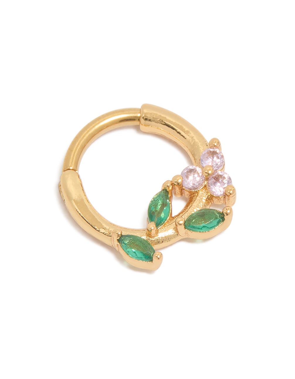 Featuring a gold plated surgical steel cubic zirconia flower and leaves clicker ring detail view