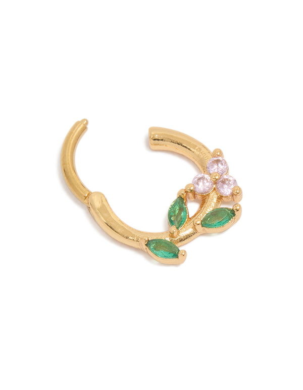Featuring a gold plated surgical steel cubic zirconia flower and leaves clicker ring with crystal embellishments in pink and lime green tones detail view