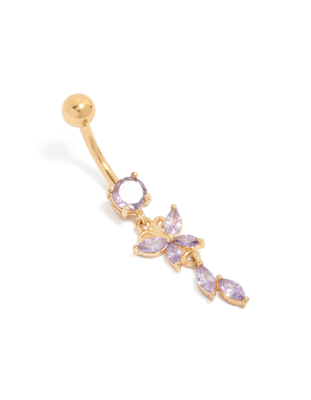 Showcasing a butterfly charm belly bar, crafted from gold plated surgical steel featuring purple cubic zirconia front view