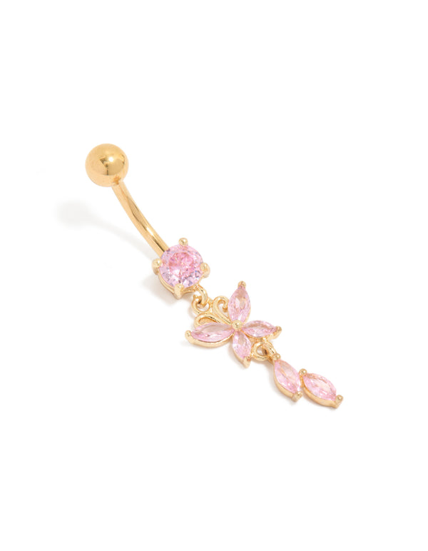 Featuring butterfly charm crafted from surgical steel with gold plated cubic zirconia in pink belly bar front view