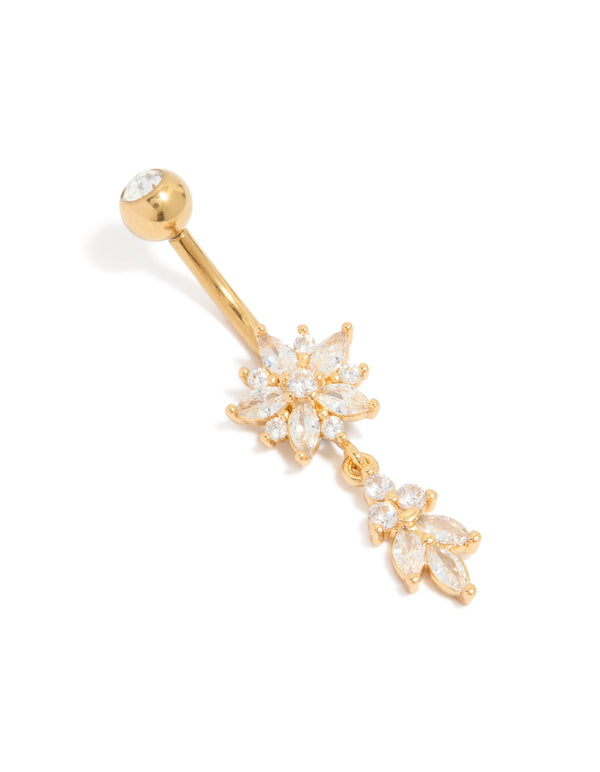 Showcasing a gold plated surgical steel belly bar with cubic zirconia flower and leaf charm front view