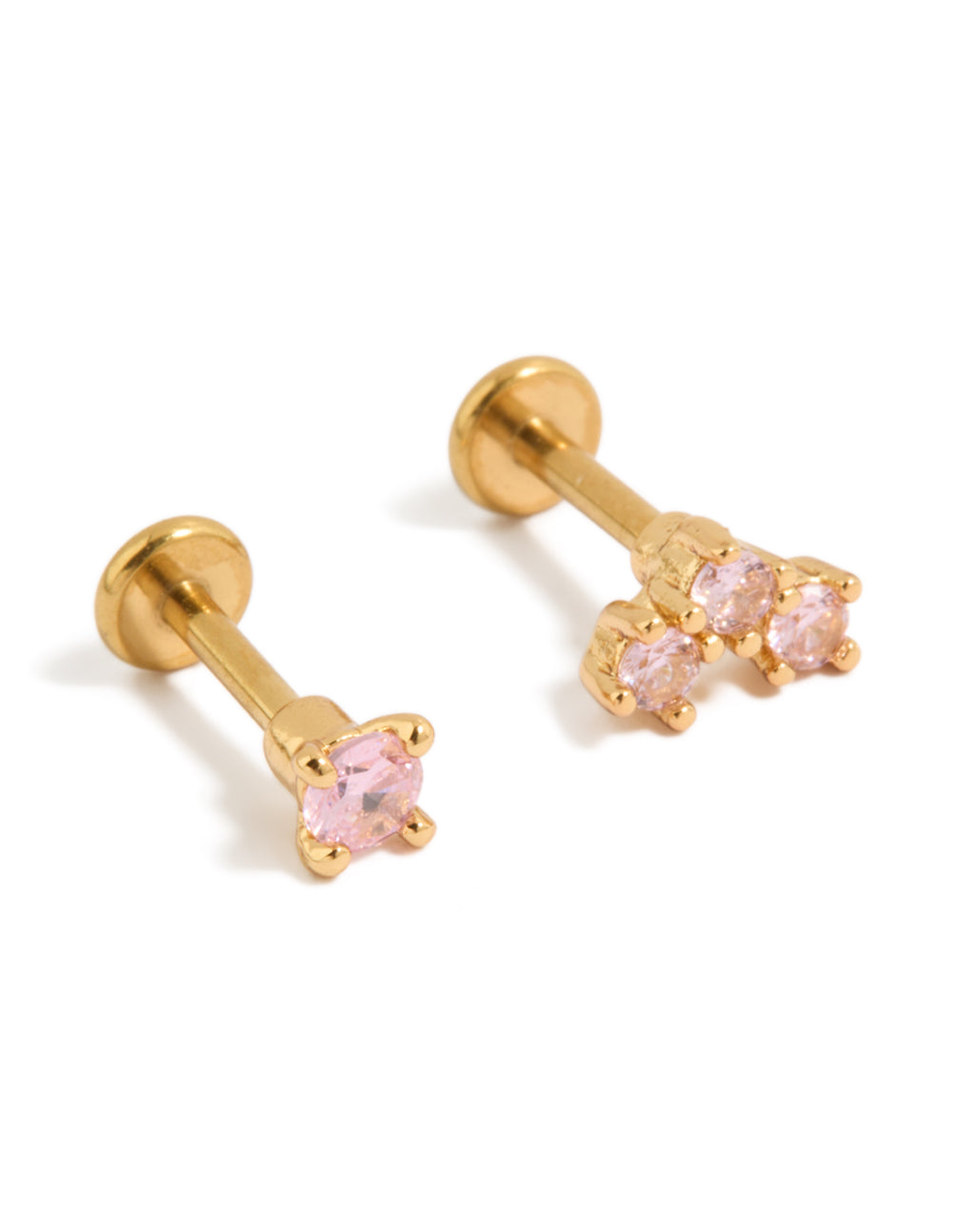 Beautifully crafted gold plated titanium pink cubic zirconia flat back studs with crystal in gold front view