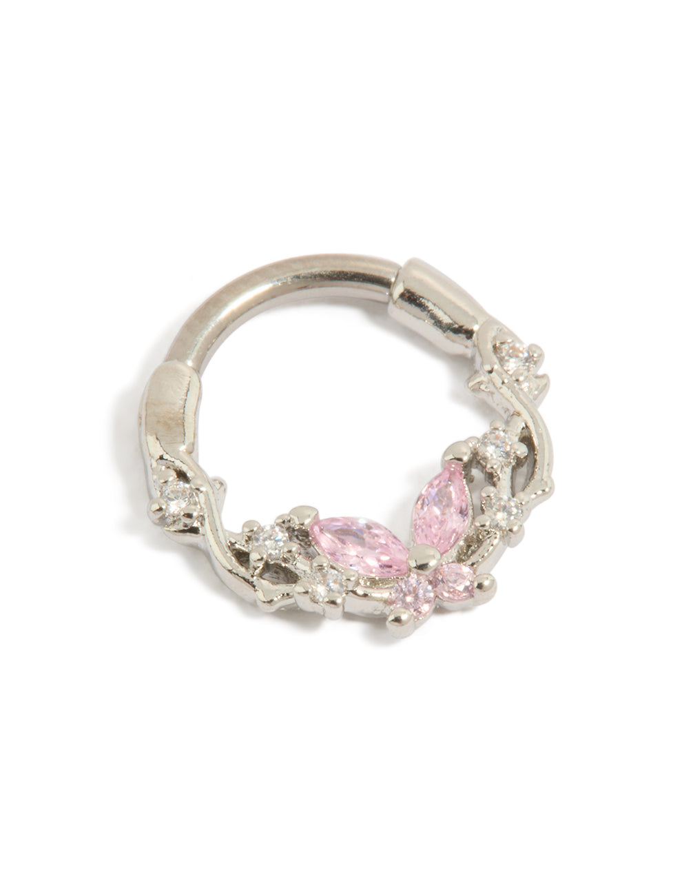 Showcasing a titanium pink cubic zirconia butterfly clicker ring with silver and light pink accents detail view