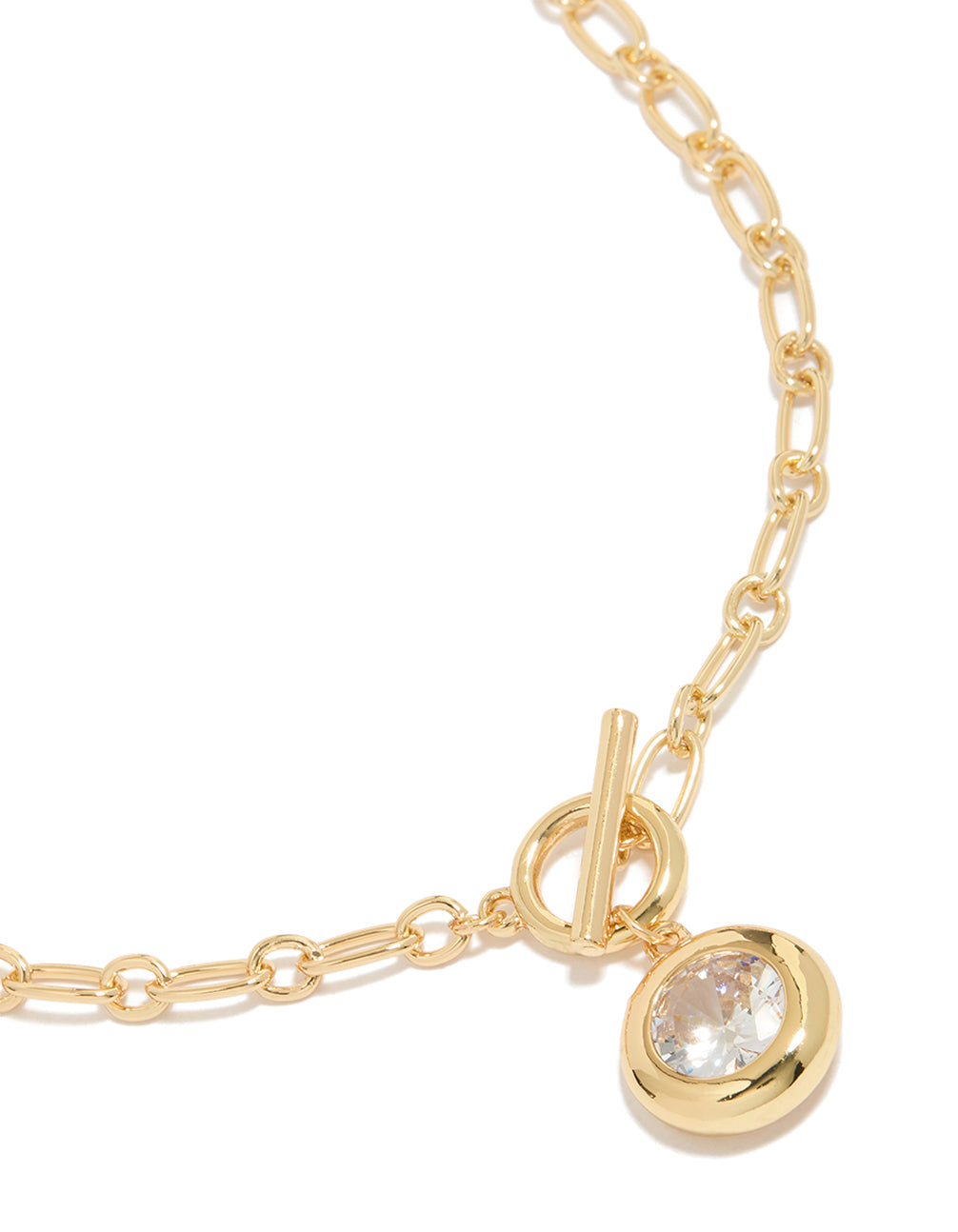 Showcasing a T-bar chain necklace crafted from cubic zirconia in gold plated metal close up view