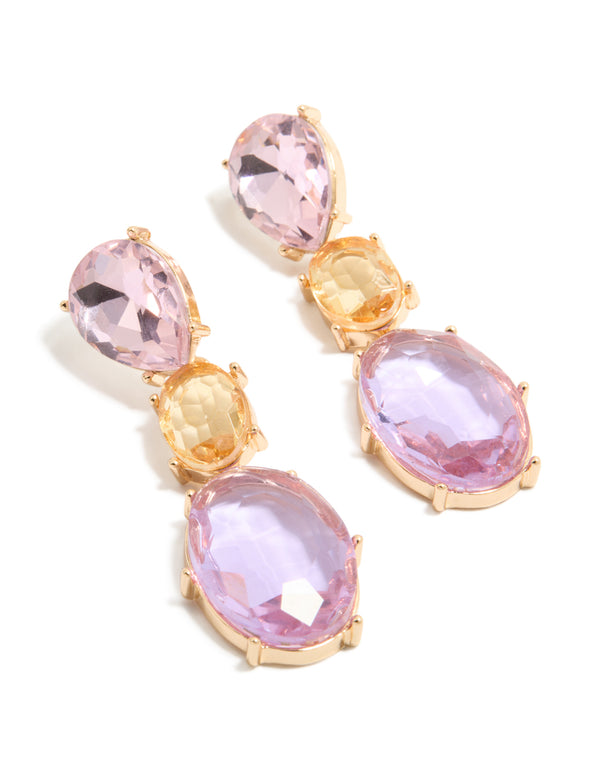 Showcasing statement drop earrings with oval cut stones in purple and orange hues set in gold front view