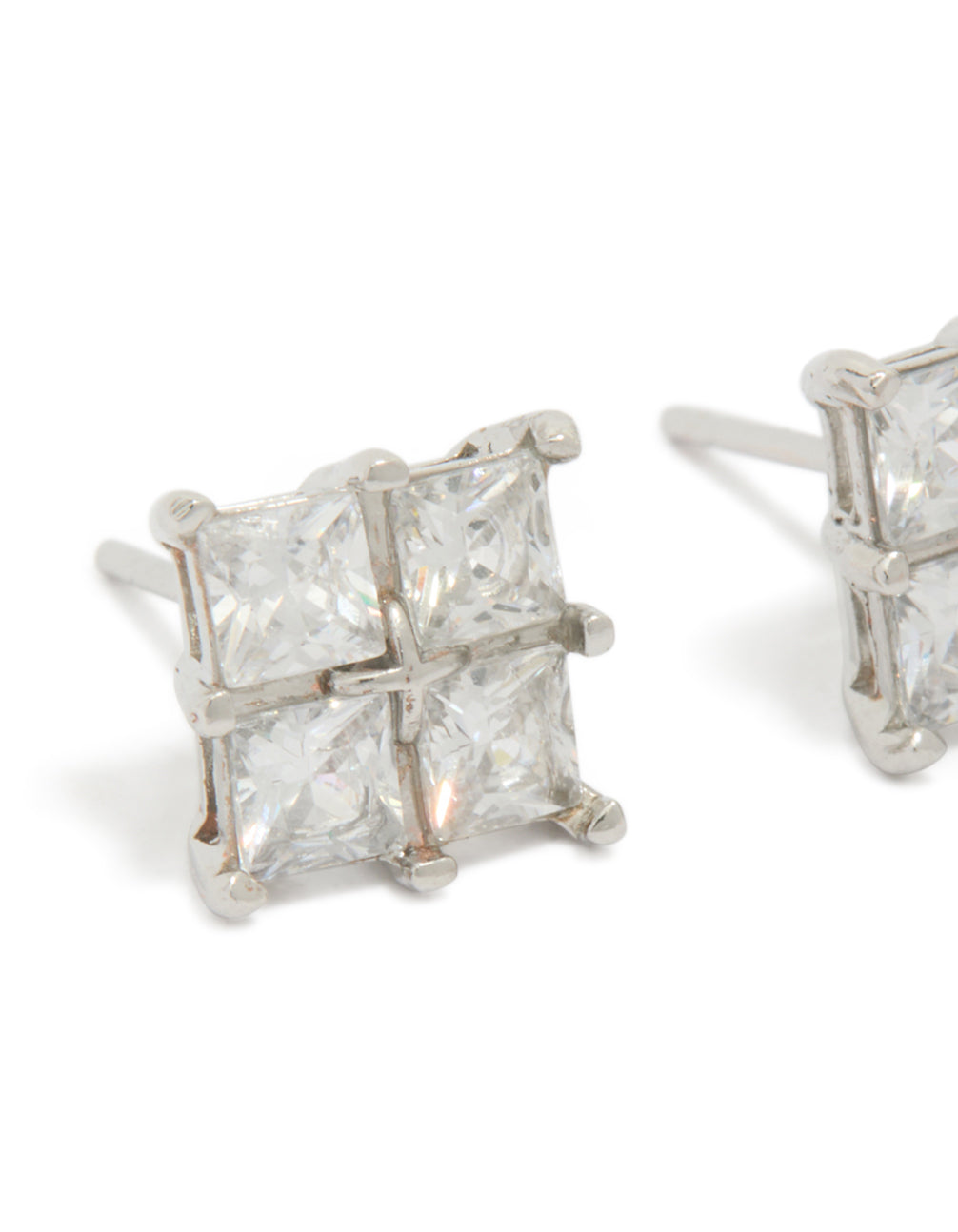 Crafted mens waterproof stainless steel multi square cubic zirconia stud earrings in silver close up view
