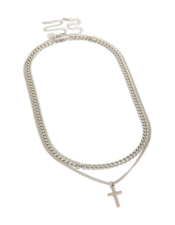 Featuring mens waterproof stainless steel curb chain cross necklaces 2-pack with pendant in silver front view
