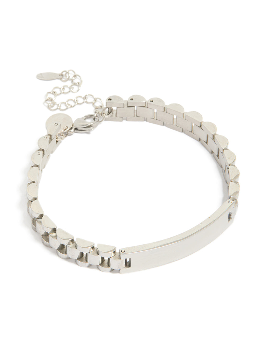 Showcasing a mens waterproof stainless steel large link chain bracelet with bar detail in silver front view