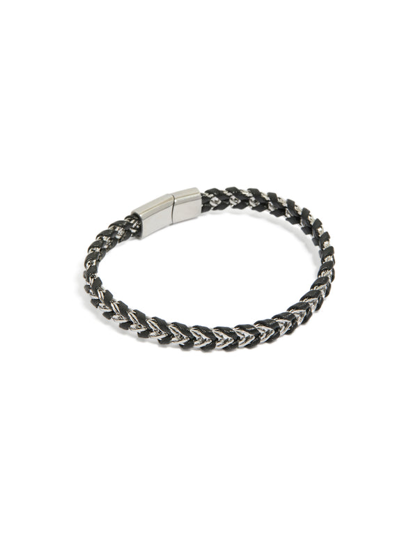 Mens Waterproof Stainless Steel & Black PU Leather Braided Chain Bracelet
